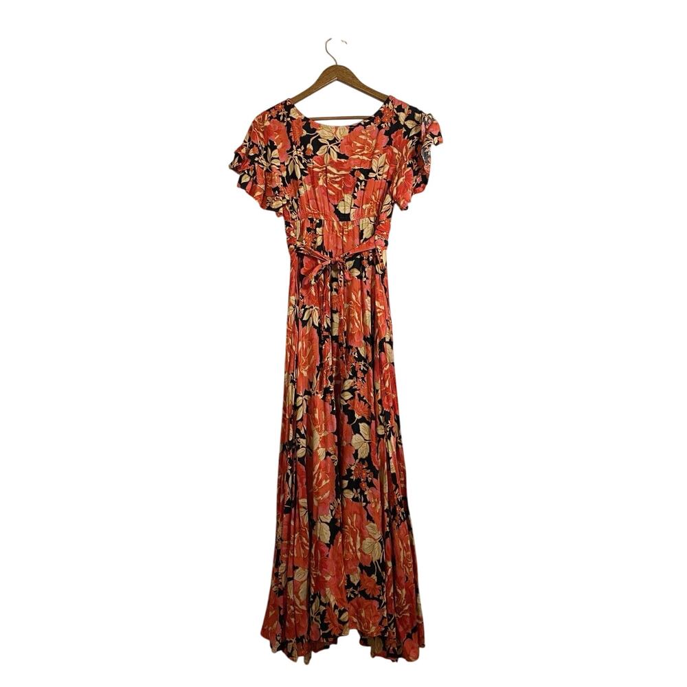 Abel the Label Vivid Dream Dress Womens XS Red Black Floral Ruffle Sleeve Maxi - Picture 2 of 10